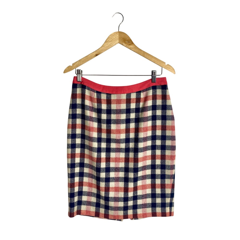 Boden Wool Tweed Plaid Pencil Skirt Y2K 8 Pink Blue Preppy Academic Vintage 00s